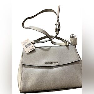 MICHAEL KORS SILVER SMALL SATCHEL IN LEATHER